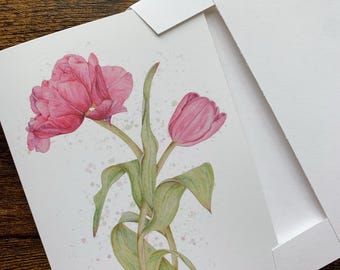 Pink Tulip Note Card: watercolor art blank card on Recycled Paper