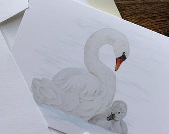 Swan mother and baby note cards: watercolor art  cards on recycled paper