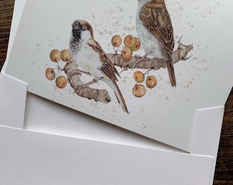 Sparrows note cards: watercolor art blank cards on recycled paper
