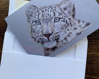 Snow Leopard color pencil art note card: blank cards on recycled paper