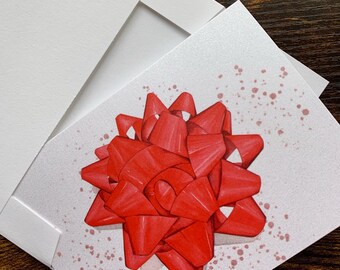 Christmas Bow notecards: watercolor art blank cards on Pearl Paper