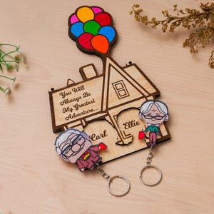 Personalized Up House Key Holder for wall, Carl Ellie Matching Couple keychain, Housewarming gift