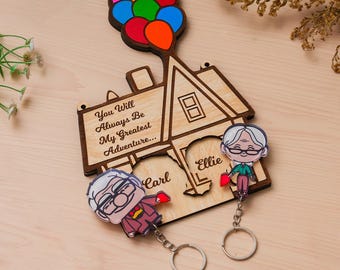 Personalized Up House Key Holder for wall, Carl Ellie Matching Couple keychain, Housewarming gift
