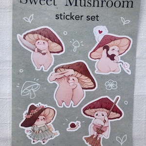 Art Print Mushroom on a log 8x8 Matte Art Print - cute Kawaii red mushroom  cottage core wall art
