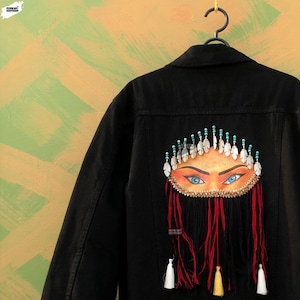 Custom Painted & Embroidered Denim Jacket with Eye Motif - Unique Cultural Twist culture custom made painted-embroidered Themed Custom Denim