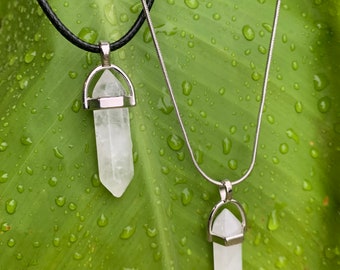 Clear quarts point pendent necklace / natural crystal / healing stone / Snake Chain / Black Cord / Jewelry Box Included