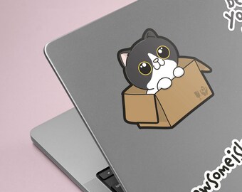 Cat in Box Vinyl Sticker, Waterproof Die-Cut, Cat Lover Gift