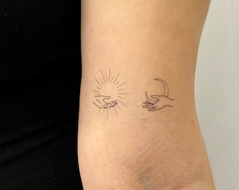 Tatuaje temporal de sol y luna de mano de línea fina (juego de 2)