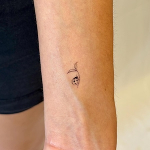 May include: A small, fine-line black ink tattoo on the forearm featuring a minimalist ladybug perched on a delicate, thin-stemmed plant with two small leaves. The design uses simple, clean lines to depict the insect and the botanical element.