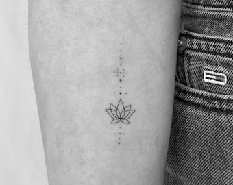 Minimalistische feine Linie Lotus temporäres Tattoo (2er Set) / spirituelles Unalome Design / Boho Lotus Fake Tattoo