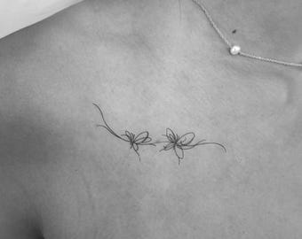 ダブルファインラインバタフライタトゥー（2枚セット）/繊細なラインタトゥー/肩のバタフライタトゥー