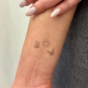 Tiny Minimalist Butterfly and Sun Fine Line Temporary Tattoo (Set of 3) / Boho Butterfly Tattoo
