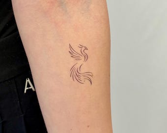 Tatuaje temporal de fénix (juego de 2) / Tatuaje falso de fénix de líneas finas / Fénix minimalista