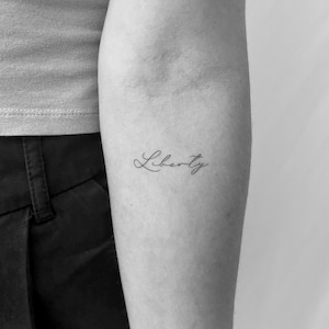 Liberty Temporary Tattoo (Set of 2) / Minimal Fine Line Script Word Tattoo / Fine Line Cursive Tattoo