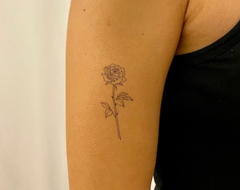 Realist Fine Line Rose Temporary Tattoo (Set of 2) / Temporary Body Art / Boho Rose Fake Tattoos / Elegant Floral Tattoo