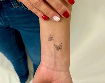 Delicate Butterfly Duo Temporary Tattoo (Set of 3) / Fine Line Butterfly Tattoo / Minimalist Butterfly Tattoo