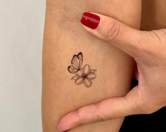 Tijdelijke tattoo vlinder op bloemblaadje (set van 3) / kleine tattoo vlinder op bloem / op de natuur geïnspireerde vlindertattoo