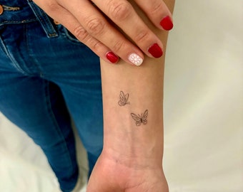 Delicate Butterfly Duo Temporary Tattoo (Set of 3) / Fine Line Butterfly Tattoo / Minimalist Butterfly Tattoo