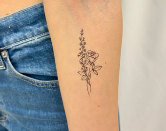 Delicate Floral Rose Temporary Tattoo (Set of 2) / Boho Tattoo / Minimalist Floral Fake Tattoo