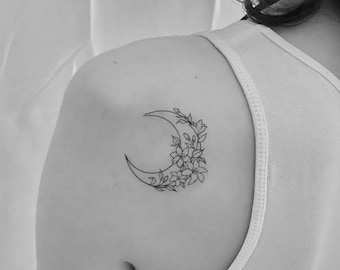 Flower Moon Temporary Tattoo (Set of 2) / Crescent Moon Fake Tattoo