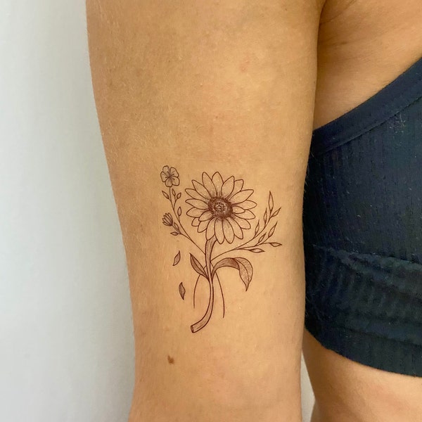 Realist Sunflower Temporary Tattoo (set of 2) / Flowers Fake Tattoo