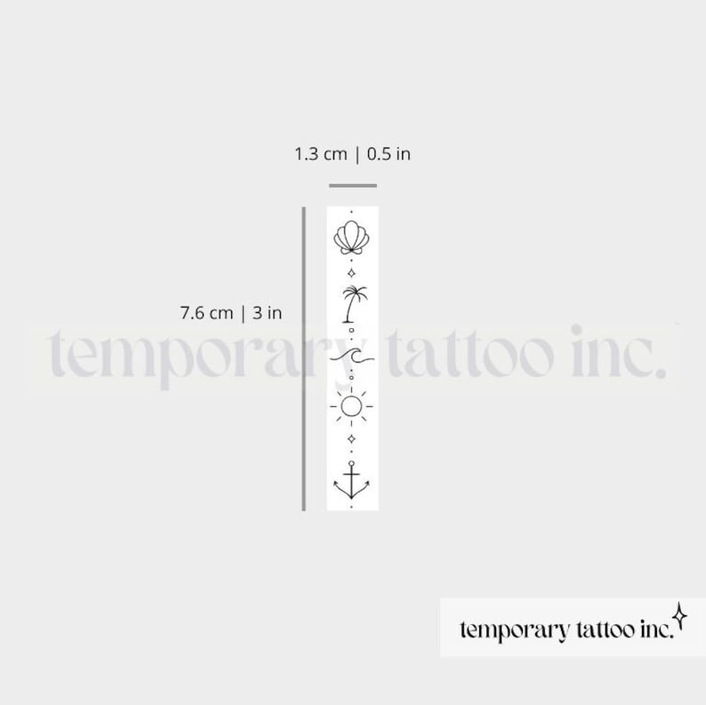 May include: A temporary tattoo sheet with a vertical design of five small black line drawings: a seashell, a palm tree, a wave, a sun, and an anchor. The sheet measures 7.6 cm by 1.3 cm.