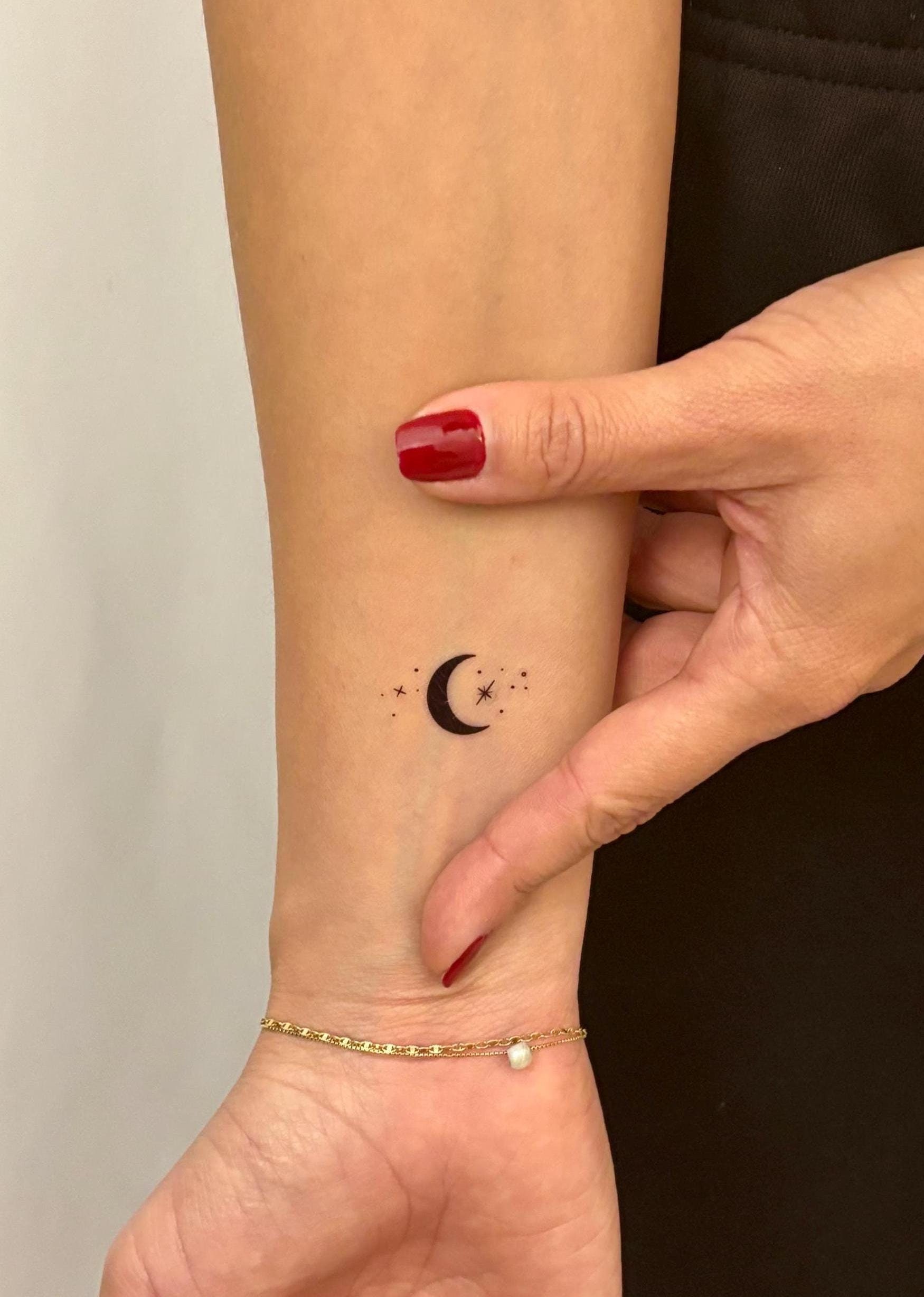 Tiny Black Crescent Moon Temporary Tattoo (Set of 3) / Minimal Moon Tattoo / Small Wrist Tattoo