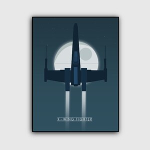 May include: A blue and black X-Wing fighter spaceship flying through space with a large, white moon in the background. The text "X-WING FIGHTER" is printed below the spaceship.