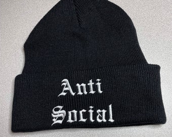 Black knit beanie hat, embroidered Anti Social