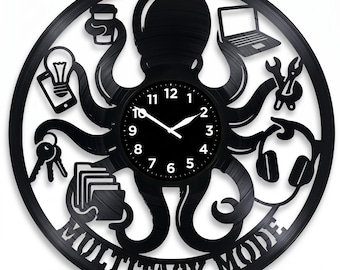 Handmade Vinyl Record Octopus Clock, Multitasking Life, Tech Office Decor