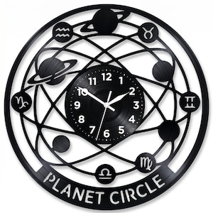 Peut inclure: Horloge murale noire sur le thème des planètes et du zodiaque. L'horloge présente un cadran central avec des aiguilles et des chiffres blancs, entouré de planètes, de symboles du zodiaque et du texte "PLANET CIRCLE".