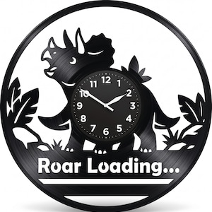 Triceratops Dinosaur Wall Clock, Roar Loading Vinyl Record Art, Kids Room Decor