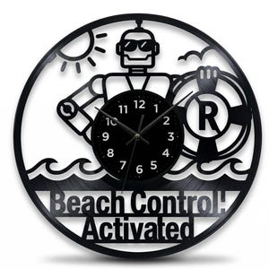 Handmade Vinyl Record Clock, Beach Robot Summer Tech Decor