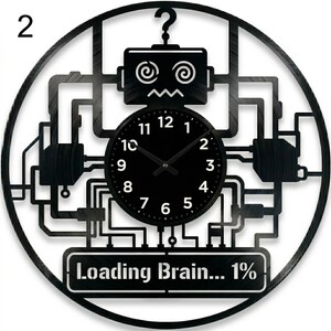 Handmade Vinyl Record Robot Clock, Loading Brain Design, Programmer Gift, Tech Decor