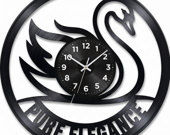 Handmade Swan Vinyl Record Clock, Minimalist Elegant Decor, Silent Mechanism
