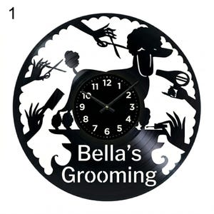 Handgjord vinylskiva hundtrimningsklocka, väggdekoration för djursalong, personlig present till groomer