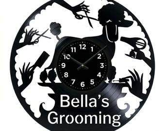 Handmade Vinyl Record Dog Grooming Clock, Pet Salon Wall Decor, Custom Groomer Gift