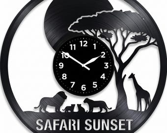 Handmade Vinyl Record Safari Wall Clock, African Sunset Wildlife Decor