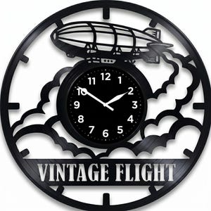 Handmade Vinyl Record Airship Clock, Vintage Zeppelin Aviation Decor