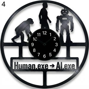 May include: Black wall clock with a circular design featuring silhouettes of a primate, a human, and a robot. The clock face is black with white numerals. The text "Human.exe -> AI.exe" is below the clock.