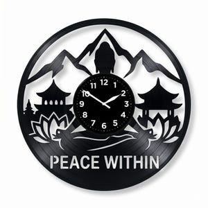 Handmade Vinyl Record Clock, Zen Meditation Mountain Decor, Silent Vintage-Style Wall Art