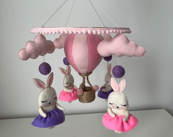 Adorable Baby Mobile Bunny Cot Decor Handmade Felt Air Balloon Mobile for Crib Nursery Decor Mobile for Baby Girl Baby Shower Gift for Pregn