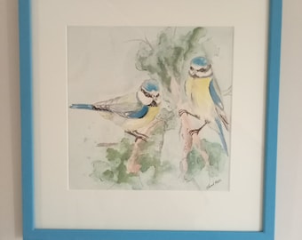 Framed watercolour painting of blue tits, Original wildlife art, British birds, nature