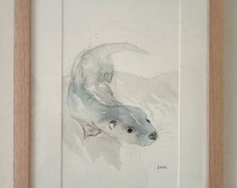 Framed watercolour painting of Otter, British wildlife, Original painting, mammal, wildlife art