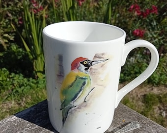 Green woodpecker mug, double sided bone china mug, wildlife, kitchenware, 11floz, height 100mm x diameter 73mm