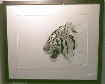 Framed original Tiger watercolour, black and white, Asian watercolour, watercolours, art