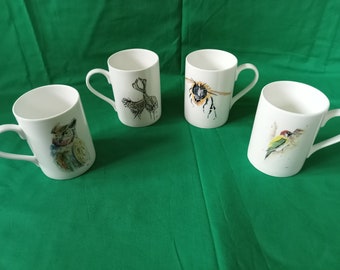 4 mug deal, bone china, Owl, Bee, Woodpecker, Cranes, 11floz, height 100mm x diameter 73mm