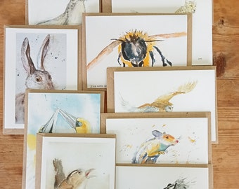 Wildlife gift card deal, 10 pack cards, artistic paintings, British wildlife, birds, mammals, insects, birthday cards