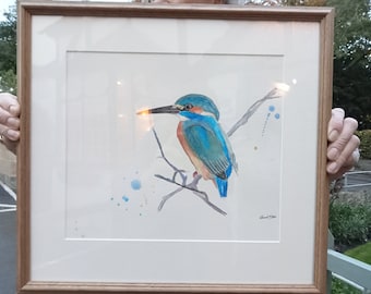 Framed wildlife watercolour painting of kingfisher, original wildlife art, British birds, river wildlife