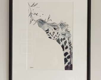 Giraffe, Framed watercolour painting, Black and White, Original painting, Watercolours, mammal, African art
